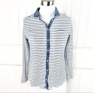 Ann Taylor Loft White Blue Striped Button Top SP